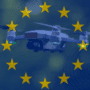 Drone en vol sur fond flouté de nature, recouvert des étoiles jaunes du drapeau de l’Union européenne, symbolisant la régulation européenne sur l’usage des drones pour la sécurité et la surveillance.