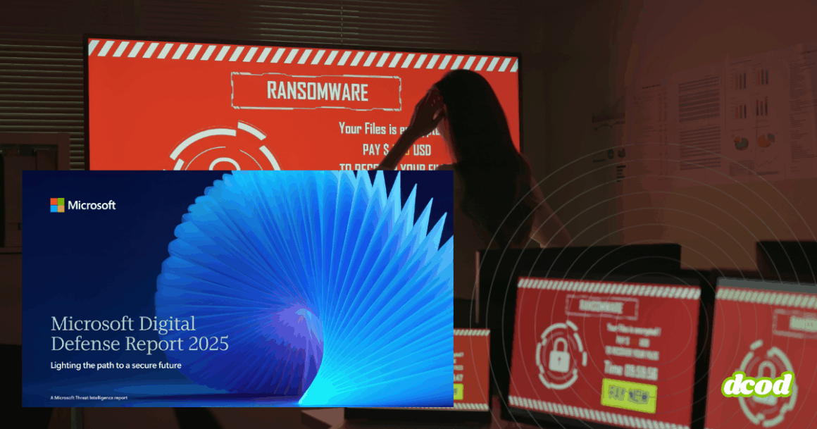 Une femme observe un écran rouge affichant un message de ransomware, entourée d’ordinateurs compromis, avec en surimpression la couverture du rapport « Microsoft Digital Defense Report 2025 » sur la cybersécurité.