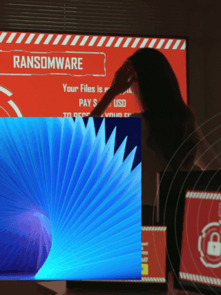 Rançongiciels et extorsion : plus de 50 % des cyberattaques motivées par l’argent 20 Une femme observe un écran rouge affichant un message de ransomware, entourée d’ordinateurs compromis, avec en surimpression la couverture du rapport « Microsoft Digital Defense Report 2025 » sur la cybersécurité.