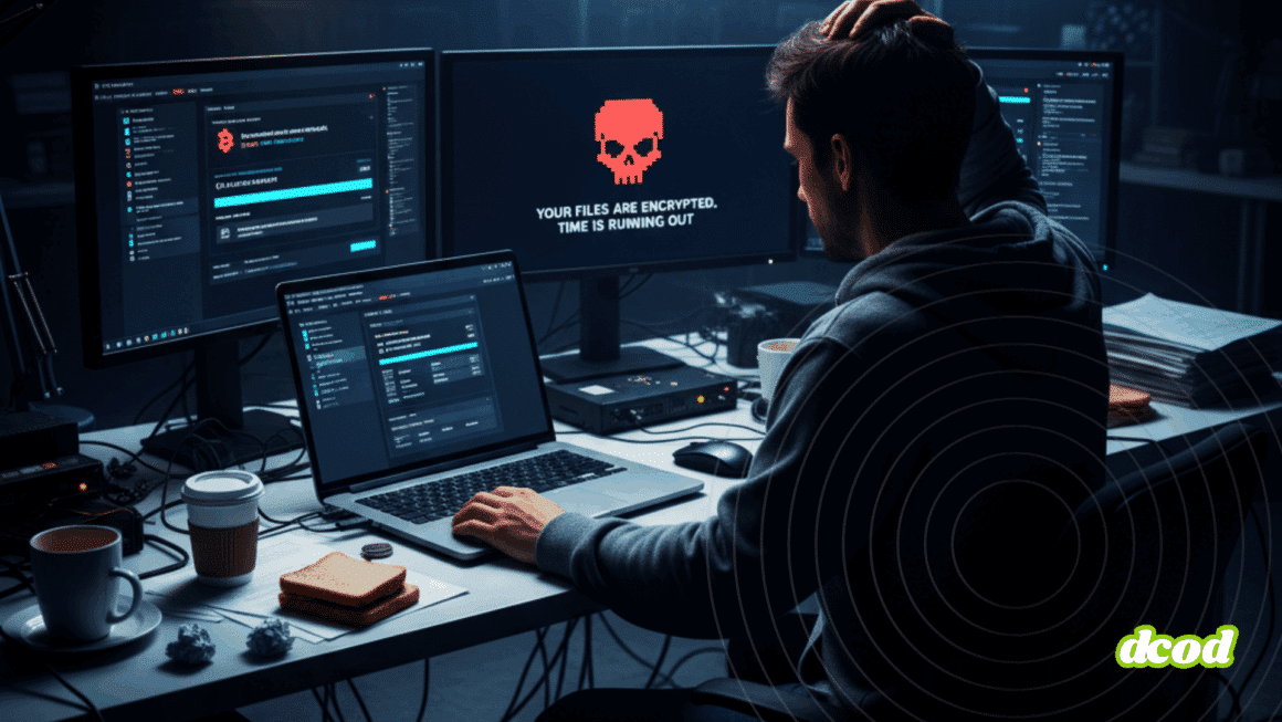 Un individu, la tête dans les mains, devant plusieurs écrans d'ordinateur montrant un message de ransomware et une interface de transaction de cryptomonnaies.