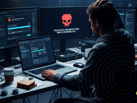 Un individu, la tête dans les mains, devant plusieurs écrans d'ordinateur montrant un message de ransomware et une interface de transaction de cryptomonnaies.