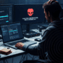 Un individu, la tête dans les mains, devant plusieurs écrans d'ordinateur montrant un message de ransomware et une interface de transaction de cryptomonnaies.