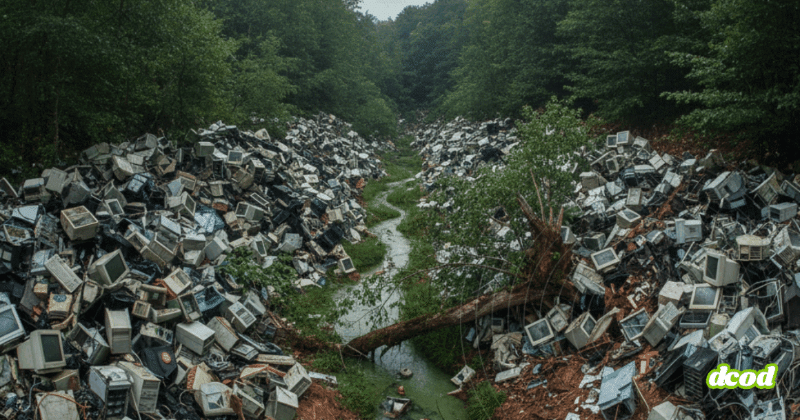 Photographie d'un amoncellement de vieux ordinateurs, écrans et claviers abandonnés au milieu d'une forêt, illustrant la pollution numérique et l'impact environnemental.