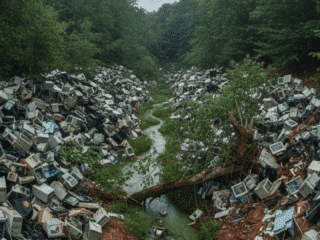 Fin de Windows 10 : un gâchis écologique annoncé pour 400 millions d’appareils 26 Photographie d'un amoncellement de vieux ordinateurs, écrans et claviers abandonnés au milieu d'une forêt, illustrant la pollution numérique et l'impact environnemental.