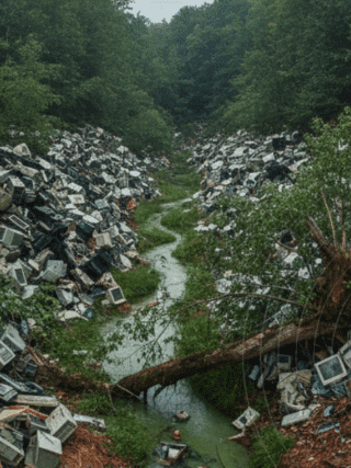 Fin de Windows 10 : un gâchis écologique annoncé pour 400 millions d’appareils 25 Photographie d'un amoncellement de vieux ordinateurs, écrans et claviers abandonnés au milieu d'une forêt, illustrant la pollution numérique et l'impact environnemental.