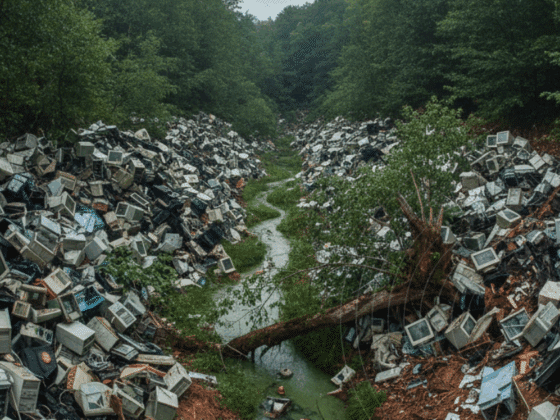Photographie d'un amoncellement de vieux ordinateurs, écrans et claviers abandonnés au milieu d'une forêt, illustrant la pollution numérique et l'impact environnemental.