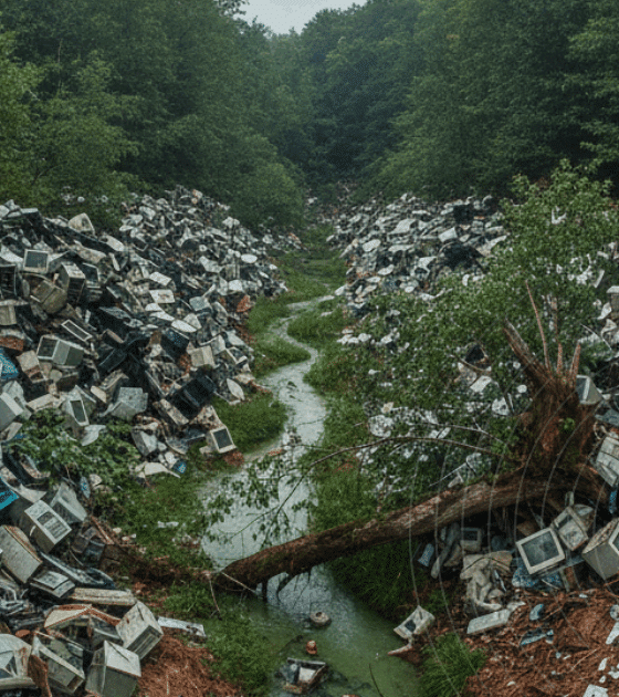 Fin de Windows 10 : un gâchis écologique annoncé pour 400 millions d’appareils 36 Photographie d'un amoncellement de vieux ordinateurs, écrans et claviers abandonnés au milieu d'une forêt, illustrant la pollution numérique et l'impact environnemental.