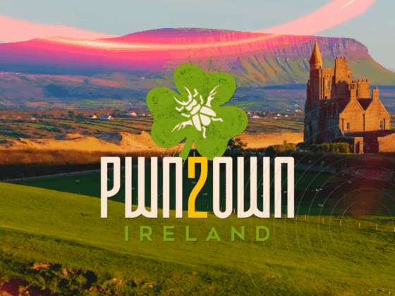 Logo du concours de hacking éthique « Pwn2Own Ireland » sur fond de paysage irlandais verdoyant avec un château et des collines en arrière-plan, sous une lumière dorée du soir.