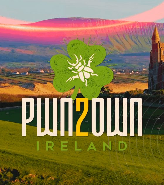 Pwn2Own Ireland 2025 : 73 failles zero-day révélées pour 1 million $ de primes 6 Logo du concours de hacking éthique « Pwn2Own Ireland » sur fond de paysage irlandais verdoyant avec un château et des collines en arrière-plan, sous une lumière dorée du soir.