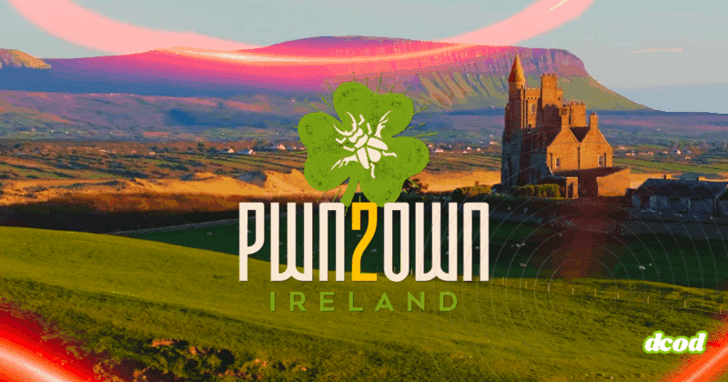 Pwn2Own Ireland 2025 : 73 failles zero-day révélées pour 1 million $ de primes 10 Logo du concours de hacking éthique « Pwn2Own Ireland » sur fond de paysage irlandais verdoyant avec un château et des collines en arrière-plan, sous une lumière dorée du soir.