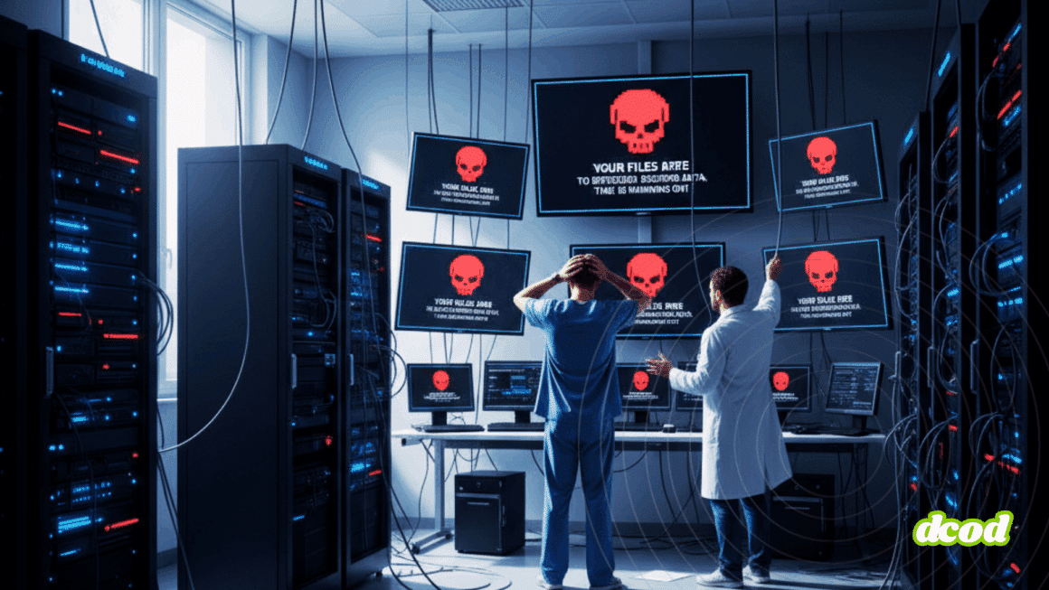Deux spécialistes en cybersécurité, visiblement alarmés, observent plusieurs écrans dans un centre de données affichant un message de rançongiciel avec une tête de mort rouge, signalant une cyberattaque en cours sur les serveurs.