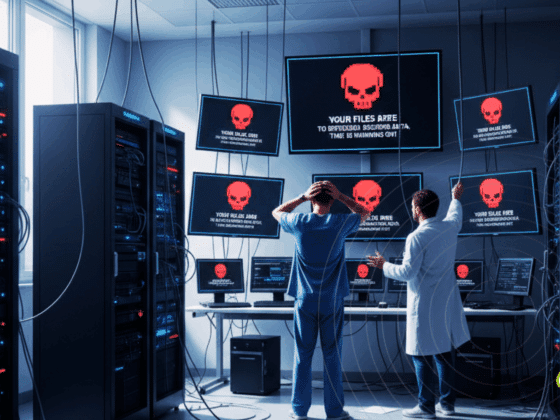 Deux spécialistes en cybersécurité, visiblement alarmés, observent plusieurs écrans dans un centre de données affichant un message de rançongiciel avec une tête de mort rouge, signalant une cyberattaque en cours sur les serveurs.