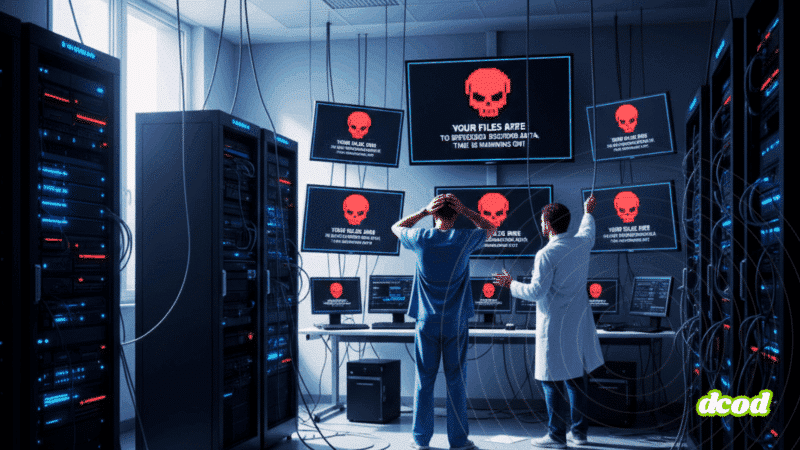 Deux spécialistes en cybersécurité, visiblement alarmés, observent plusieurs écrans dans un centre de données affichant un message de rançongiciel avec une tête de mort rouge, signalant une cyberattaque en cours sur les serveurs.