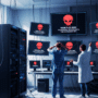 Deux spécialistes en cybersécurité, visiblement alarmés, observent plusieurs écrans dans un centre de données affichant un message de rançongiciel avec une tête de mort rouge, signalant une cyberattaque en cours sur les serveurs.