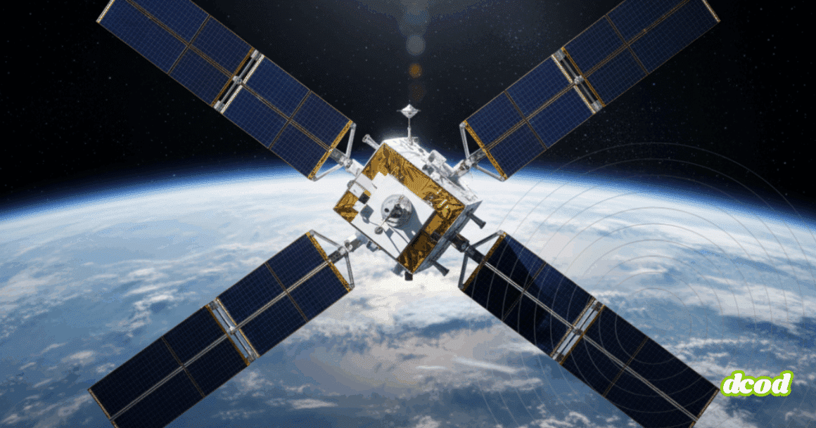Vue en haute résolution d’un satellite d’observation équipé de quatre grands panneaux solaires orientés en croix, flottant en orbite au-dessus de la Terre, avec la courbure de la planète et l’espace en arrière-plan.