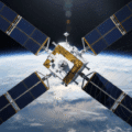 Communications satellites : appels, SMS et données interceptables en clair 15 Vue en haute résolution d’un satellite d’observation équipé de quatre grands panneaux solaires orientés en croix, flottant en orbite au-dessus de la Terre, avec la courbure de la planète et l’espace en arrière-plan.