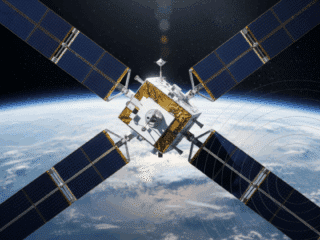 Vue en haute résolution d’un satellite d’observation équipé de quatre grands panneaux solaires orientés en croix, flottant en orbite au-dessus de la Terre, avec la courbure de la planète et l’espace en arrière-plan.