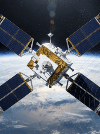 Vue en haute résolution d’un satellite d’observation équipé de quatre grands panneaux solaires orientés en croix, flottant en orbite au-dessus de la Terre, avec la courbure de la planète et l’espace en arrière-plan.