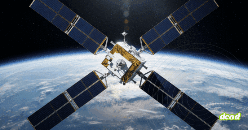 Vue en haute résolution d’un satellite d’observation équipé de quatre grands panneaux solaires orientés en croix, flottant en orbite au-dessus de la Terre, avec la courbure de la planète et l’espace en arrière-plan.
