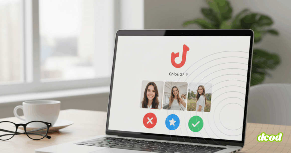 Photographie d'un ordinateur portable moderne posé sur un bureau, avec l'interface d'une application de rencontre affichant des profils, dans une ambiance lumineuse et inspirante