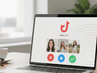 Cheaterbuster : la reconnaissance faciale utilisée pour traquer les utilisateurs Tinder 50 Photographie d'un ordinateur portable moderne posé sur un bureau, avec l'interface d'une application de rencontre affichant des profils, dans une ambiance lumineuse et inspirante