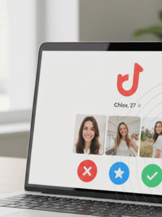 Cheaterbuster : la reconnaissance faciale utilisée pour traquer les utilisateurs Tinder 30 Photographie d'un ordinateur portable moderne posé sur un bureau, avec l'interface d'une application de rencontre affichant des profils, dans une ambiance lumineuse et inspirante