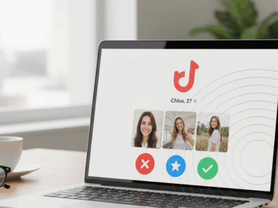 Photographie d'un ordinateur portable moderne posé sur un bureau, avec l'interface d'une application de rencontre affichant des profils, dans une ambiance lumineuse et inspirante