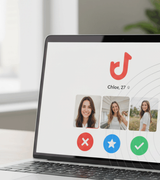 Cheaterbuster : la reconnaissance faciale utilisée pour traquer les utilisateurs Tinder 6 Photographie d'un ordinateur portable moderne posé sur un bureau, avec l'interface d'une application de rencontre affichant des profils, dans une ambiance lumineuse et inspirante