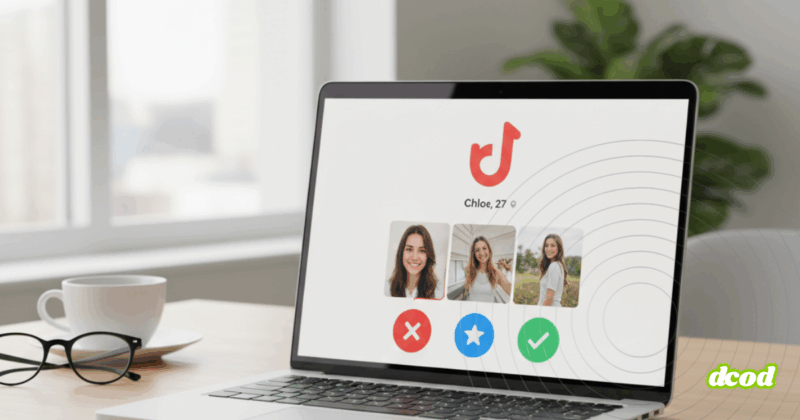 Cheaterbuster : la reconnaissance faciale utilisée pour traquer les utilisateurs Tinder 10 Photographie d'un ordinateur portable moderne posé sur un bureau, avec l'interface d'une application de rencontre affichant des profils, dans une ambiance lumineuse et inspirante