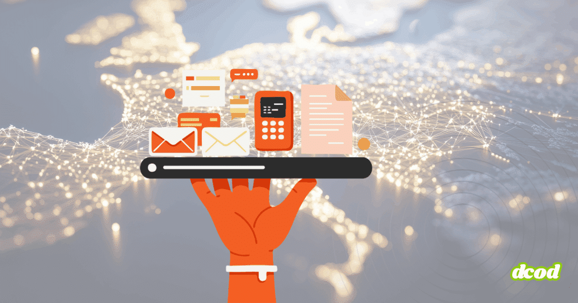 Illustration d'une main tenant une tablette numérique affichant des icônes de communication et de documents dématérialisés (emails, messagerie, formulaire, calculatrice), sur fond de carte de l’Europe avec un réseau de connexions lumineuses symbolisant la digitalisation des échanges.