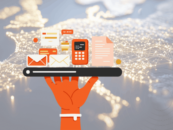 Illustration d'une main tenant une tablette numérique affichant des icônes de communication et de documents dématérialisés (emails, messagerie, formulaire, calculatrice), sur fond de carte de l’Europe avec un réseau de connexions lumineuses symbolisant la digitalisation des échanges.