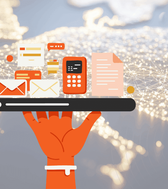 Illustration d'une main tenant une tablette numérique affichant des icônes de communication et de documents dématérialisés (emails, messagerie, formulaire, calculatrice), sur fond de carte de l’Europe avec un réseau de connexions lumineuses symbolisant la digitalisation des échanges.