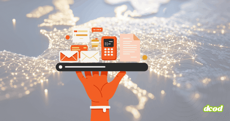 Illustration d'une main tenant une tablette numérique affichant des icônes de communication et de documents dématérialisés (emails, messagerie, formulaire, calculatrice), sur fond de carte de l’Europe avec un réseau de connexions lumineuses symbolisant la digitalisation des échanges.