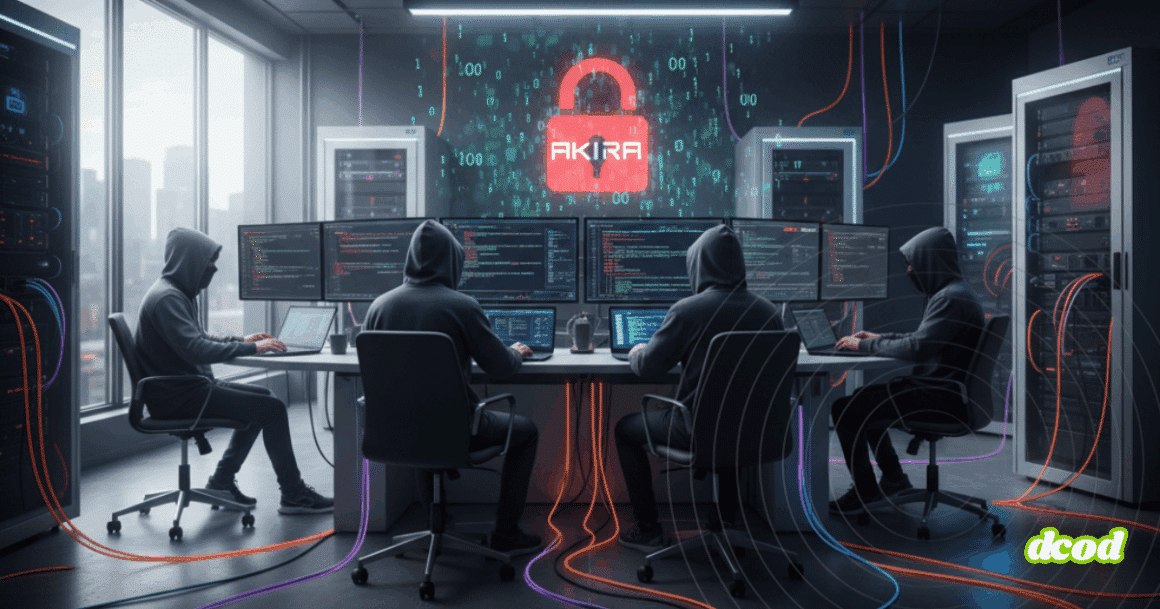 Image de hackers en sweat à capuche devant plusieurs écrans d'ordinateur, symbolisant le groupe AKIRA créant des logiciels malveillants, dans un bureau moderne avec des serveurs.