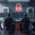 Image de hackers en sweat à capuche devant plusieurs écrans d'ordinateur, symbolisant le groupe AKIRA créant des logiciels malveillants, dans un bureau moderne avec des serveurs.