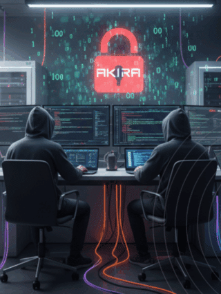 Image de hackers en sweat à capuche devant plusieurs écrans d'ordinateur, symbolisant le groupe AKIRA créant des logiciels malveillants, dans un bureau moderne avec des serveurs.