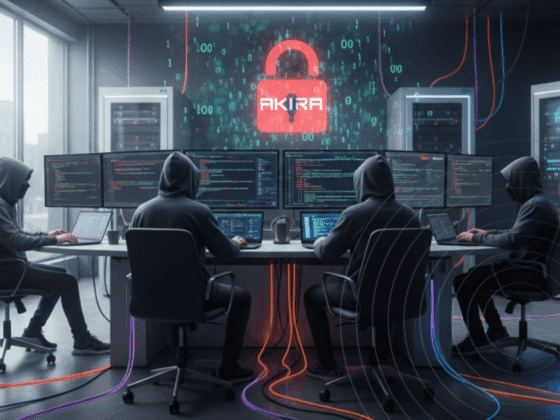 Image de hackers en sweat à capuche devant plusieurs écrans d'ordinateur, symbolisant le groupe AKIRA créant des logiciels malveillants, dans un bureau moderne avec des serveurs.