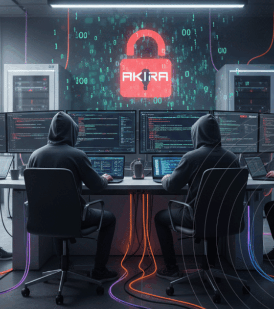 Image de hackers en sweat à capuche devant plusieurs écrans d'ordinateur, symbolisant le groupe AKIRA créant des logiciels malveillants, dans un bureau moderne avec des serveurs.