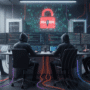 Image de hackers en sweat à capuche devant plusieurs écrans d'ordinateur, symbolisant le groupe AKIRA créant des logiciels malveillants, dans un bureau moderne avec des serveurs.
