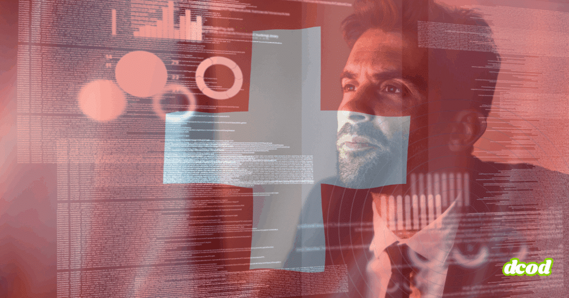 Portrait d’un homme en costume regardant un écran transparent rempli de graphiques, de données et de codes informatiques, illustrant l’analyse des données et les enjeux de cybersécurité.