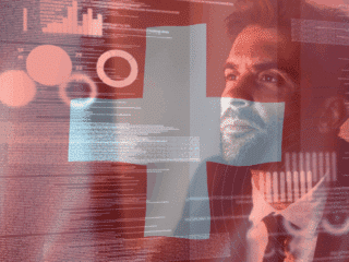 Marchés publics : la Confédération impose des exigences minimales de cybersécurité 49 Portrait d’un homme en costume regardant un écran transparent rempli de graphiques, de données et de codes informatiques, illustrant l’analyse des données et les enjeux de cybersécurité.