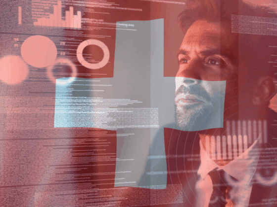 Marchés publics : la Confédération impose des exigences minimales de cybersécurité 6 Portrait d’un homme en costume regardant un écran transparent rempli de graphiques, de données et de codes informatiques, illustrant l’analyse des données et les enjeux de cybersécurité.