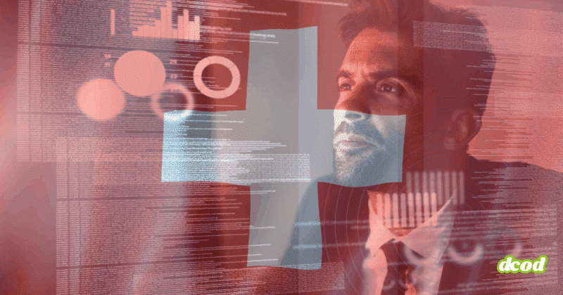 Marchés publics : la Confédération impose des exigences minimales de cybersécurité 13 Portrait d’un homme en costume regardant un écran transparent rempli de graphiques, de données et de codes informatiques, illustrant l’analyse des données et les enjeux de cybersécurité.