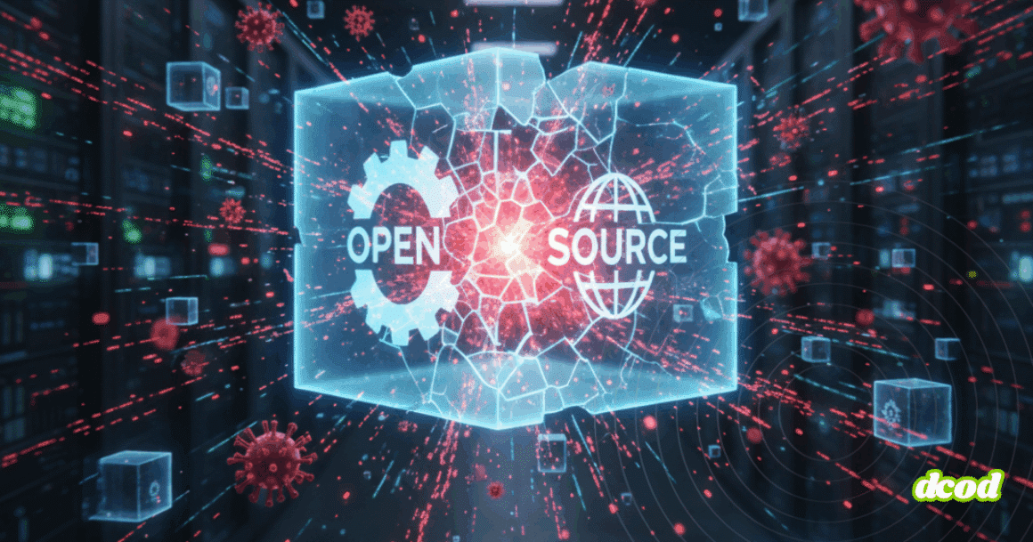 Image conceptuelle d'un cube numérique lumineux avec les mots 'OPEN SOURCE' se fissurant au centre, entouré d'éléments rouges représentant des virus, symbolisant une faille de sécurité dans un logiciel libre.