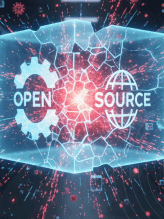 Suisse : un projet pilote renforce la sécurité des logiciels open source 25 Image conceptuelle d'un cube numérique lumineux avec les mots 'OPEN SOURCE' se fissurant au centre, entouré d'éléments rouges représentant des virus, symbolisant une faille de sécurité dans un logiciel libre.