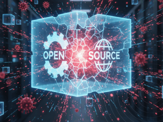 Image conceptuelle d'un cube numérique lumineux avec les mots 'OPEN SOURCE' se fissurant au centre, entouré d'éléments rouges représentant des virus, symbolisant une faille de sécurité dans un logiciel libre.