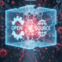 Image conceptuelle d'un cube numérique lumineux avec les mots 'OPEN SOURCE' se fissurant au centre, entouré d'éléments rouges représentant des virus, symbolisant une faille de sécurité dans un logiciel libre.