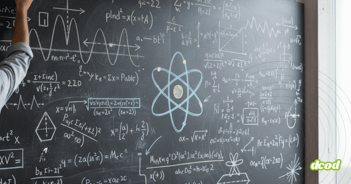 un tableau noir avec des multitudes de formules et croquis mathématiques en lien avec la physique quantique
