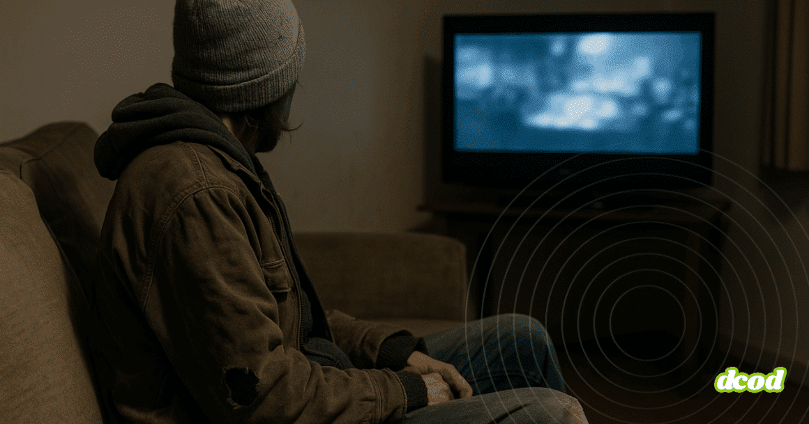 Personne en habits usés assise sur un canapé regardant la télévision