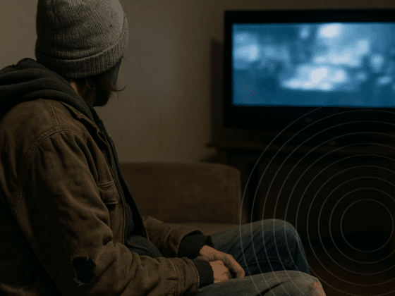 Personne en habits usés assise sur un canapé regardant la télévision